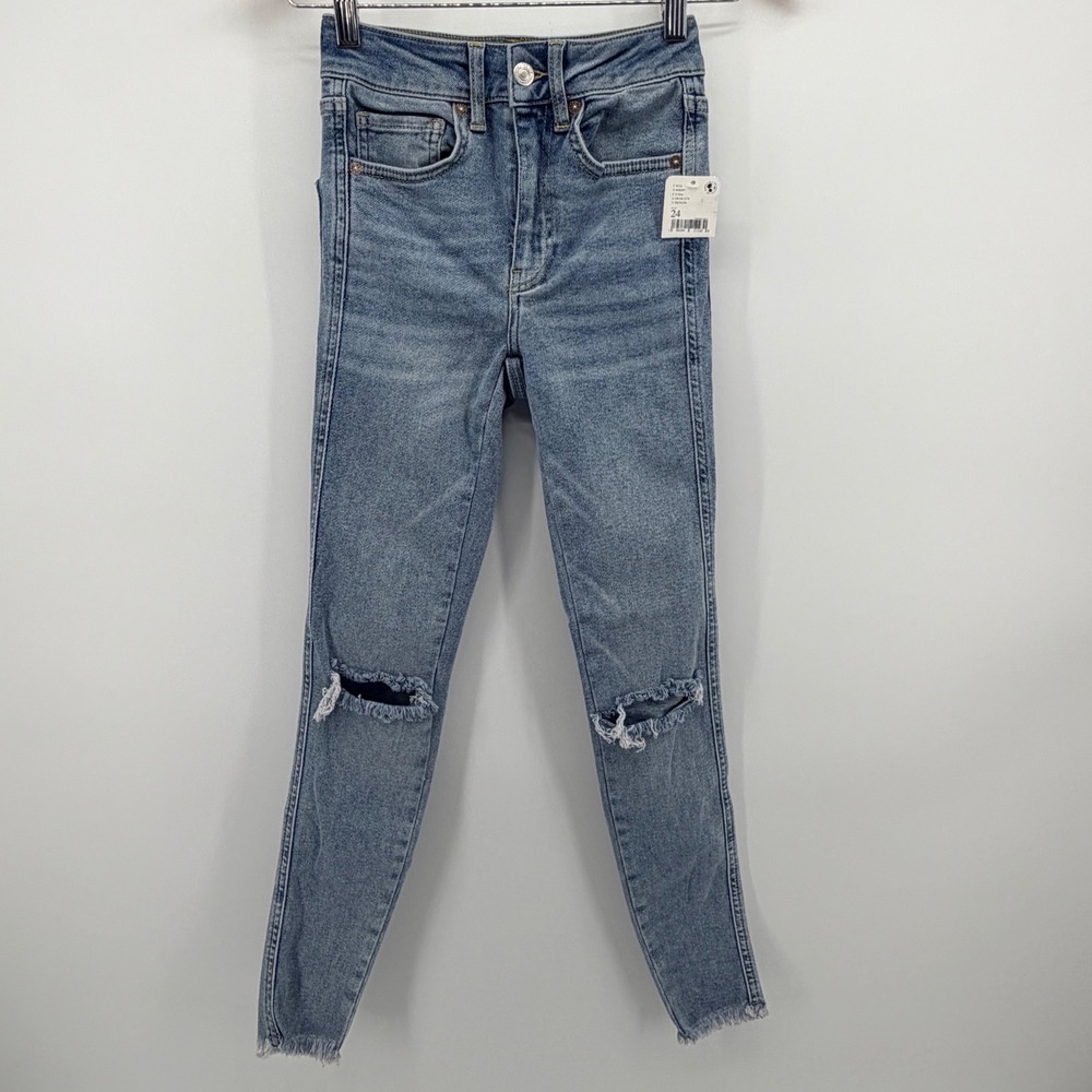 Free People We The Free Skinny Jeans Womens‎ 24 Light Blue Distressed Raw Hem - Picture 2 of 9